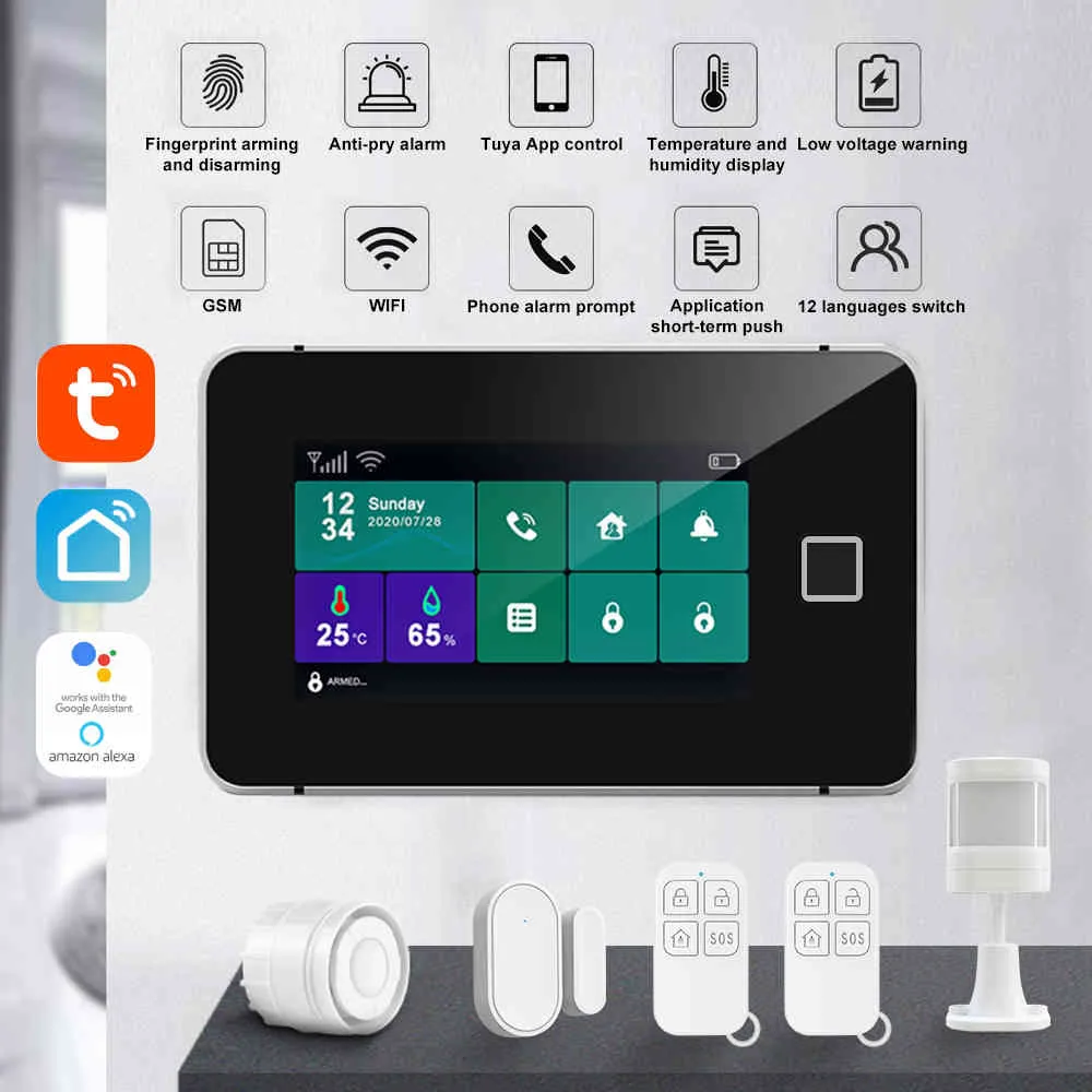 Tuya WiFi Alarm System GSM Trådlös säkerhet Fingeravtryck Beväpnad Burglar Motion Sensor Smart Home Alexa