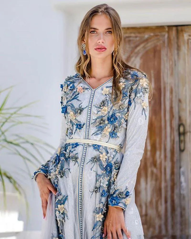 Sky Blue 3D Floral Lace Evening wear kaftans A-Line Formal Evening Dress with Appliques - Elegant Arabic Dubai Moroccan Muslim Gown with Long Sleeves Sky Blue 3D Floral Lace Evening wear kaftans A-Line Formal Evening Dress with Appliques - Elegant Arabic Dubai Moroccan Muslim Gown with Long Sleeves