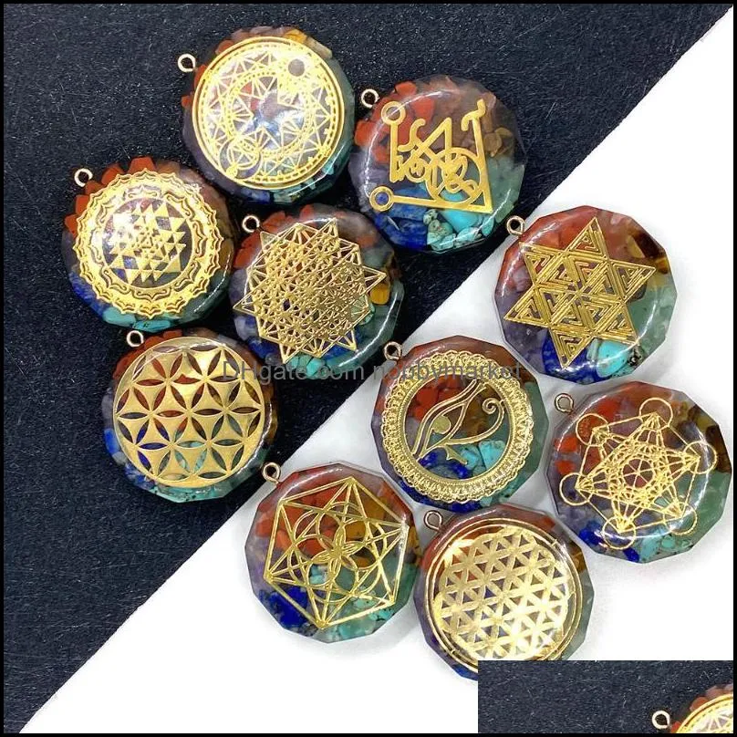 Charms Seven Chakra Natural Stone Pendant Exquisite Jewelry Sacred Geometry Power Amulet Aura 34mm