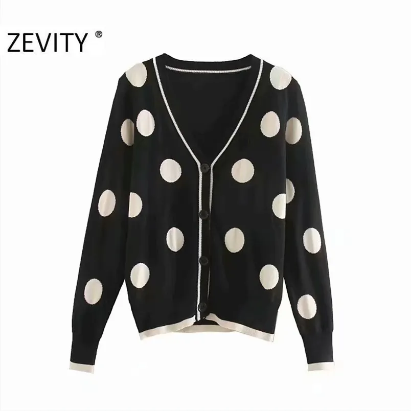 Vrouwen Vintage V-hals Polka Dot Print Breasted Brei-trui Vrouwelijke Chique Herfst Casual Slanke Cardigan Tops S443 210420