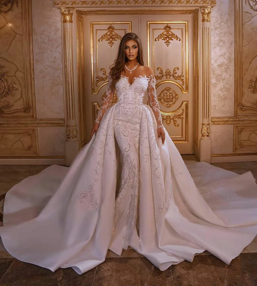 Robe De mariée sirène De luxe avec jupe détachable appliquée trompette arabe robes De mariée manches longues Robe De soirée bohème