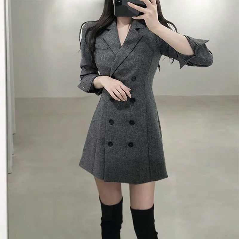 Koreanischen Stil Frauen Vintage Zweireiher Anzug Kragen Langarm Dunkelgrau S-XL Schlank Solide für Weibliche Baumwolle Ankunft 210416