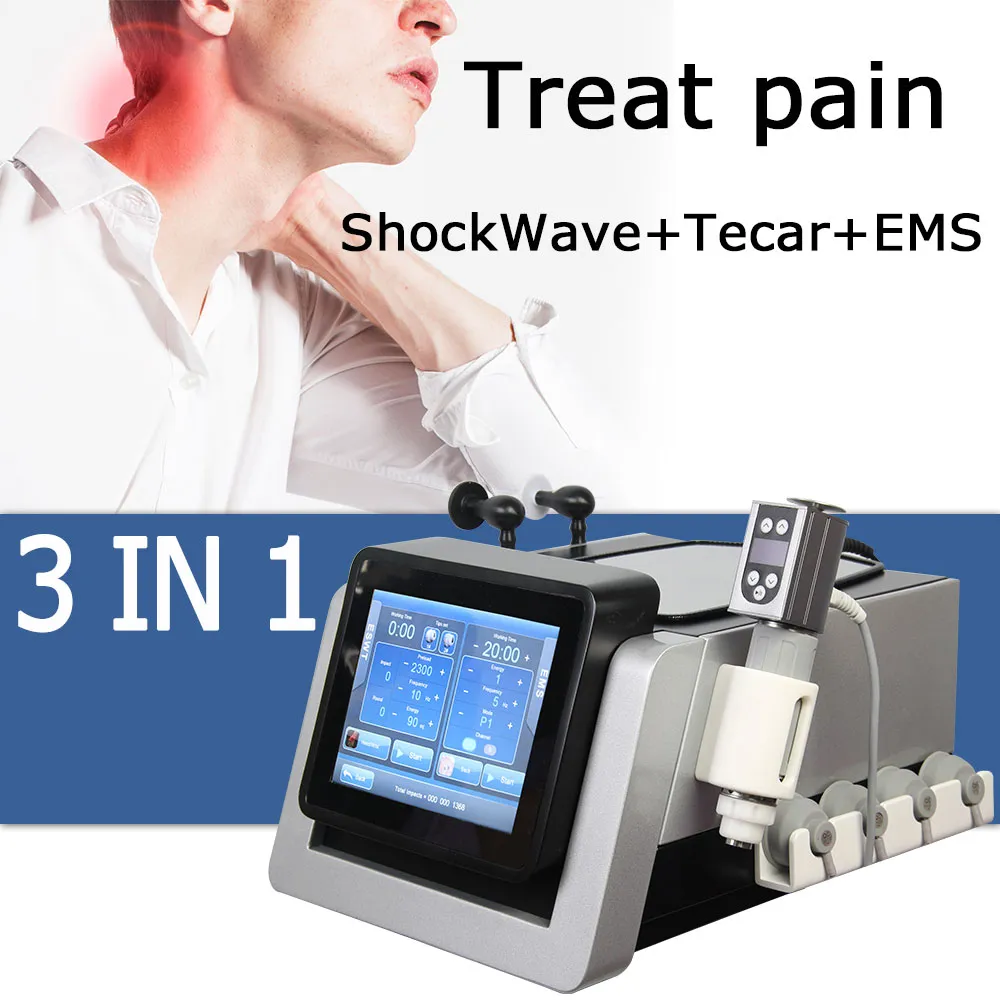 Macchina per fisioterapia 3 in 1 Smart Tecar Wave CET RET Diatermia Rimozione del dolore EMS Stimolazione muscolare Macchina per il trattamento ED extracorporeo con onde d'urto