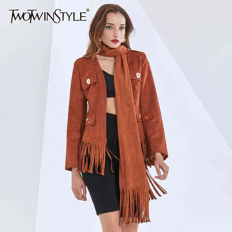 Kadınlar için Kahverengi Ceket V Boyun Uzun Kollu Eşarp Patchwork Püskül Gevşek Streetwear Ceketler Kadın Giyim 210524