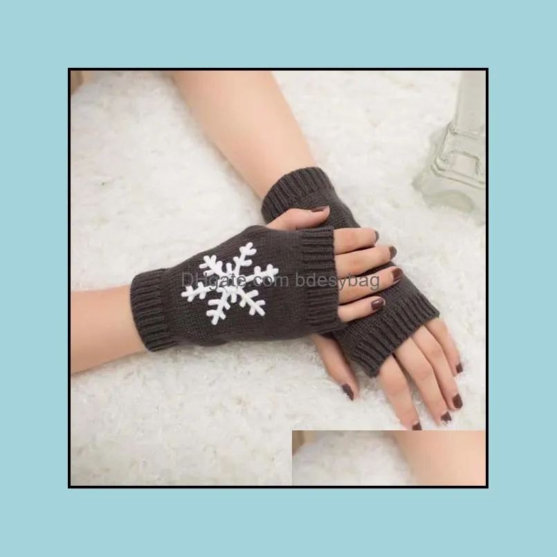 Women Stylish Snowflake Print Hand Warmer Winter Gloves Arm Crochet Knitting Faux Wool Mitten Warm Fingerless Glove