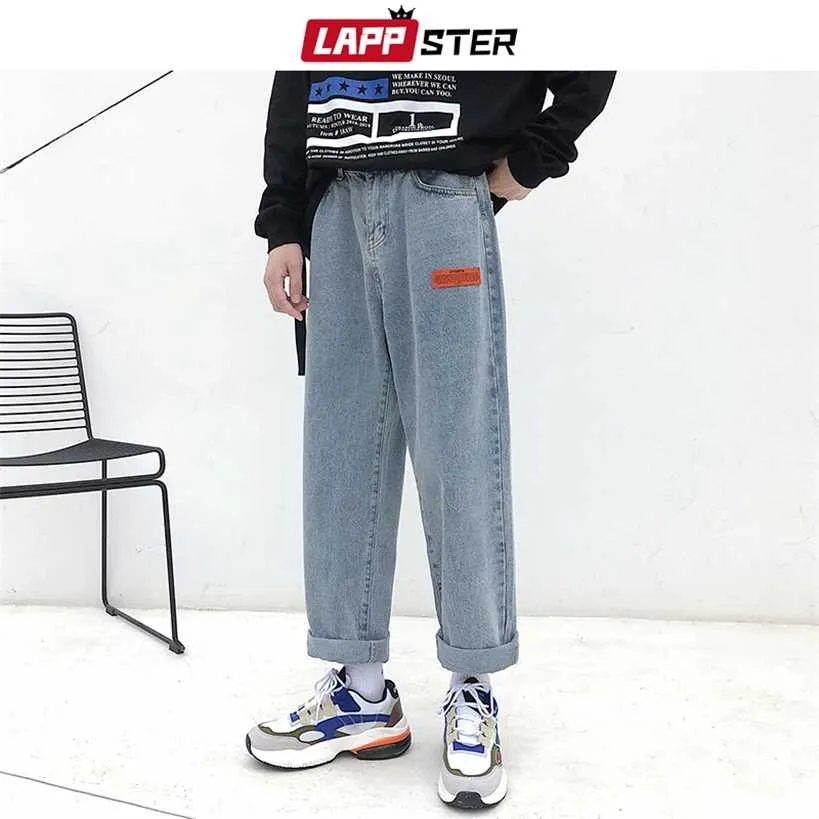 LAPPSTER Herren Koreanische Fashoins Harem Blaue Jeans Hosen Vintage Gerade Harajuku Baggy Free Gürtel Breites Bein Denim 220115