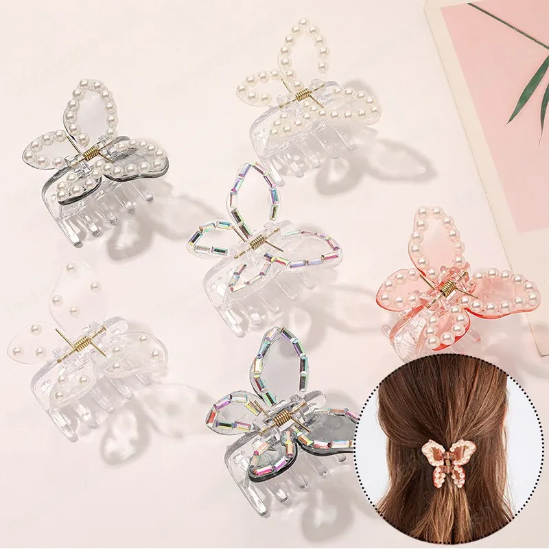 Lindas garras de mariposa transparente abrazaderas acrílicas Barrettes de estilo coreano Pearl para mujeres accesorios dulces