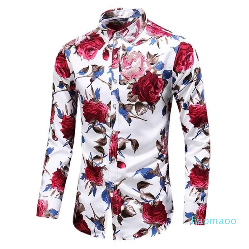 Luxury-Fashion Floral Men Shirts Plus Size Flower Print Casual Camisas Masculina Black White Red Blue Male Turn-down Collar Shirt Blouse