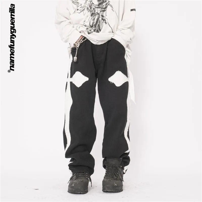Namefunyguerrilla Side Stirpe Jeans en détresse Vêtements de mode coréenne Pantalons de créateurs Hip Hop Hommes Streetwear MG212 Hommes