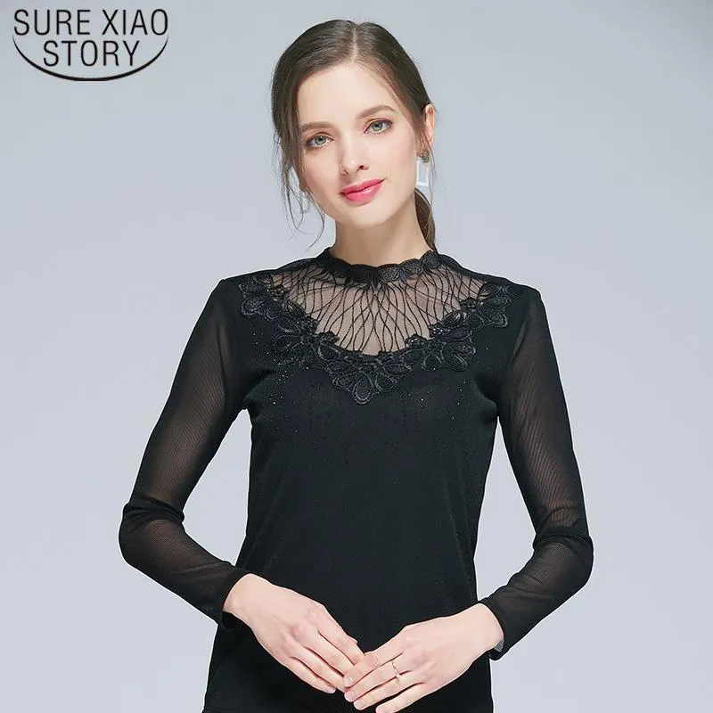 Women's Blouses & Shirts Spring Autumn Lace Bottom Women Black Mesh Long Sleeve Top Thin Slim Solid Turtleneck Womens 6633 50