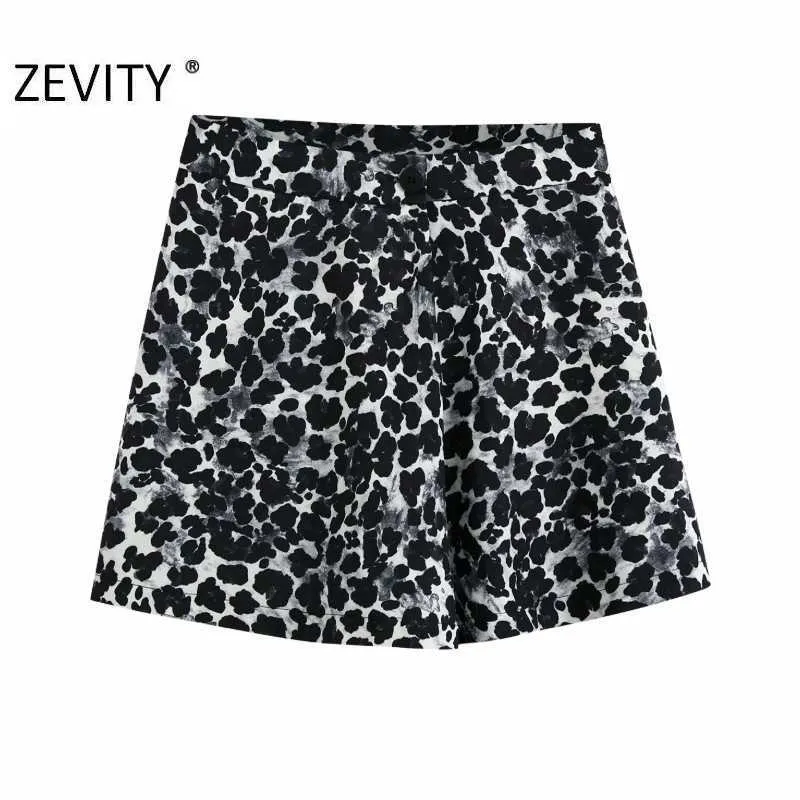 Zevity women vintage animal texture printing casual slim Bermuda Shorts ladies buttons chic shorts pantalone cortos P916 210603