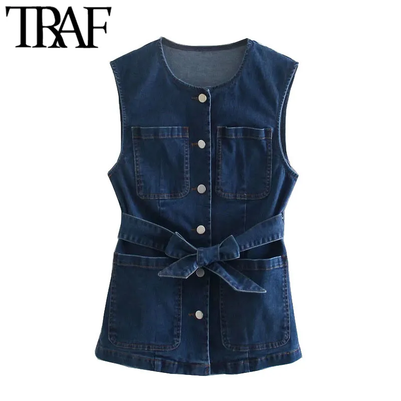 TRAF Women Fashion With Belt Pockets Denim Vest Coat Vintage Sleeveless Button-up Female Waistcoat Chic Tops 210415