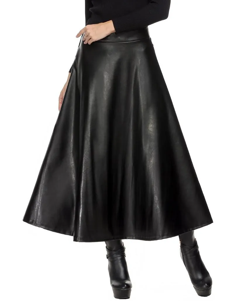 التنانير الشتاء بو الجلود تنورة النساء ماكسي طويل إمرأة عالية الخصر ضئيلة الخريف خمر مطوي أسود XL XXL