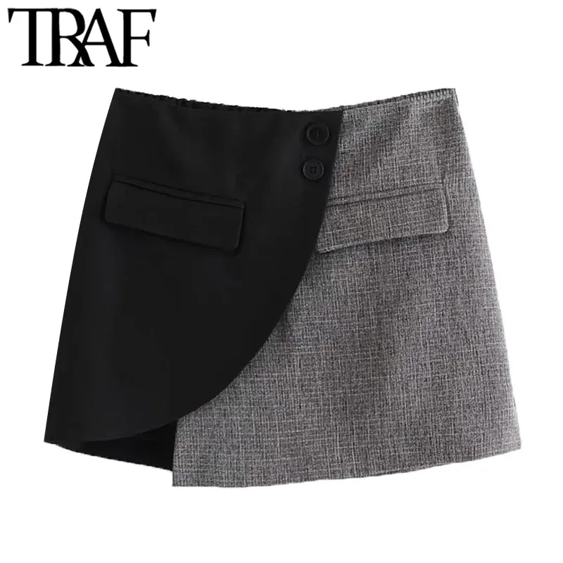 TRAF女性シックなファッションパッチワーク非対称ミニスカートヴィンテージハイウエストジッパーメススカートMujer 210415