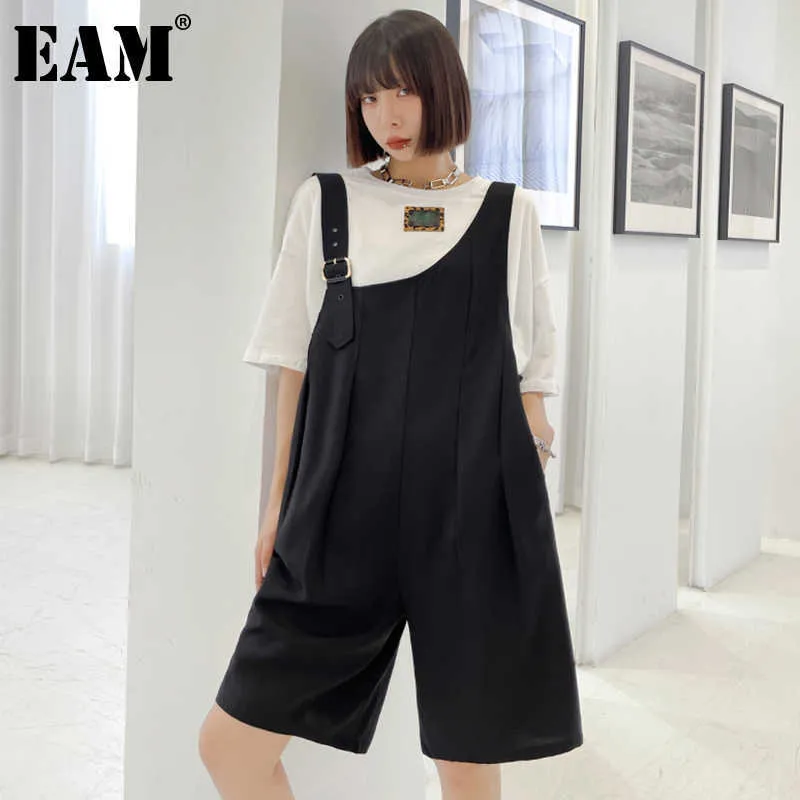 [EAM] 높은 허리 블랙 주름진 불규칙한 캐주얼 바지 바지 새로운 느슨한 맞는 바지 여성 패션 봄 여름 2021 1DE1334 Q0801
