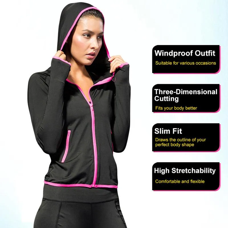 Kvinnors Jackor Kvinnor Hooded Sport Coat Långärmad Zipper Ficka Stretchy Snabbtork Gym Jogging Fitness Training Sportkläder