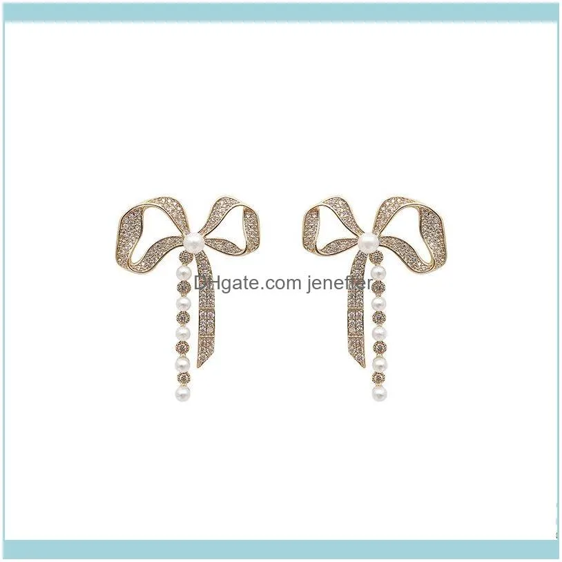 FactoryA8RC Fashion Diamond design bowknot niche Pearl earring net red trend versatile Earrings for women