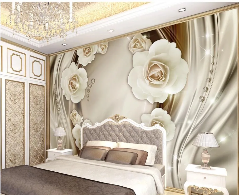 Lyxig Golden 3D Rose Flower Wallpapers Silk TV Bakgrund Vägg Modern Bakgrund för vardagsrum