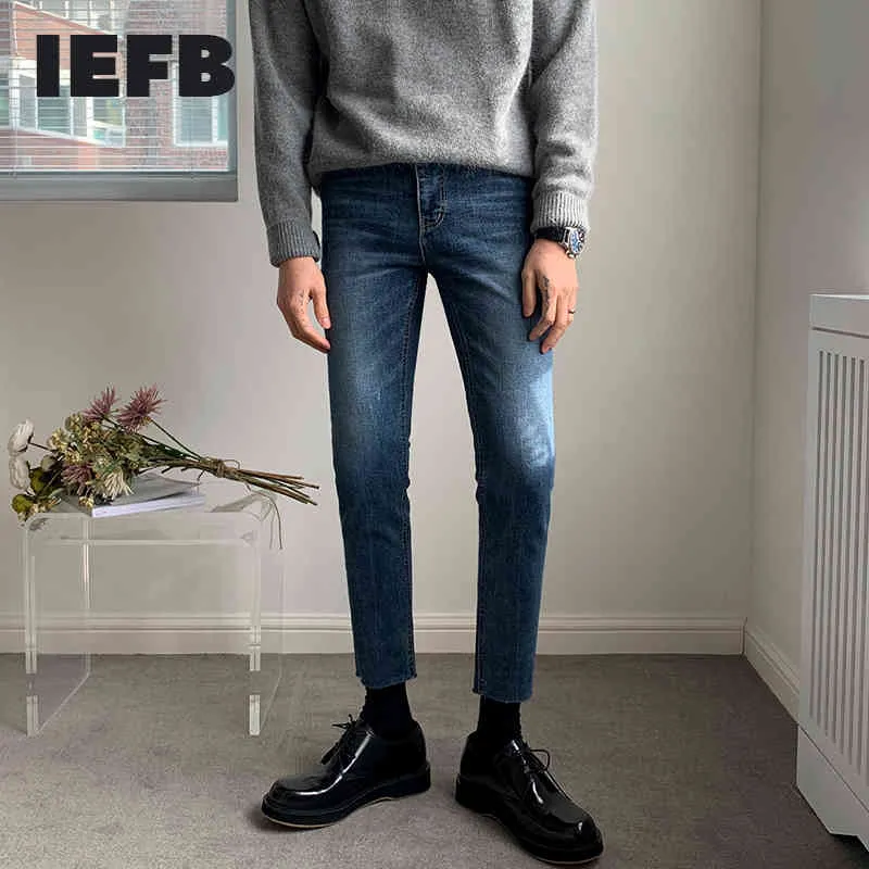 IEFB lente herfst blauwe jeans mannen Koreaanse mode slanke voeten heren gaten enkellange denimbroek voor mannelijke bodems 9Y4546 210524