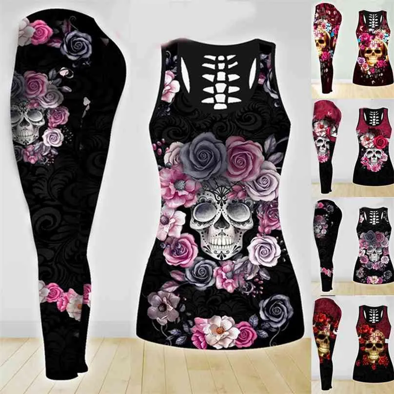 Dwa kawałek jogi Zestaw Kobiety Dziura Koszula Bez Rękawów Hollow Out Tank Top Wysoka Talia Legging Fitness Trening Sport Kobiet Zestawy Stroje 210802