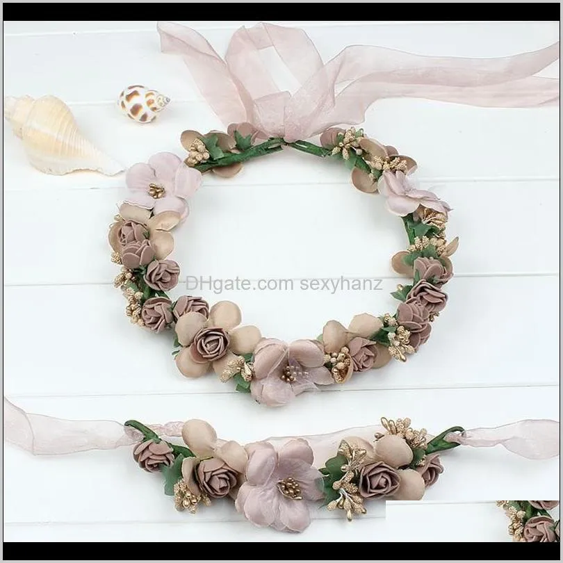 fashion women wedding bridal flower tiara wreath headbands floral wreath crowns garland+ bracelet beach party headdress