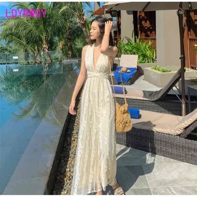 Ldyrwqy Seaside Vacation Jumpsuit Summer Women's Wide-Legged Polyester Solid Beach Style 210416