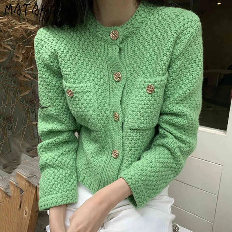 MATAKAWA Long Sleeve Sweater Coat Women Round Neck Single Breasted Woman Sweaters Loose Pocket Thick Stitch Knitted Cardigan 210513