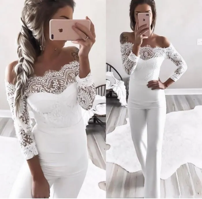 Women's Jumpsuits & Rompers Elegant Off Shoulder Lace Womens Summer Jumpsuit Sexy Ladies Casual Long Trousers Overalls White