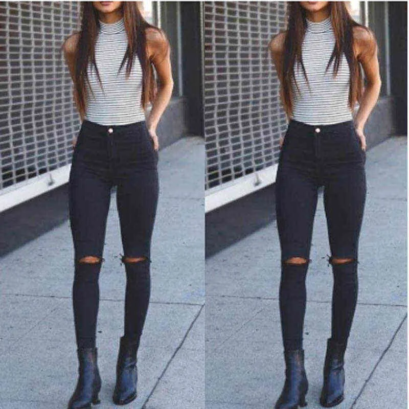 High Waist Fashion Korean K-POP Hole Skinny Jeans Boyfriend for Women Vintage Girls Slim Ripped Denim Pencil Stretchy Pants Y211115