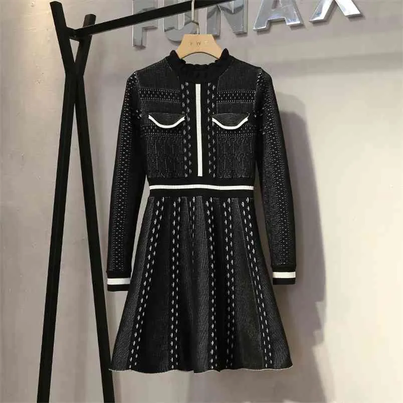 High Quality Fall Winter Woman Mini Dress Black Long Sleeve O-Neck Elasticity Elegant Lady Party Knitted Sweater Vestidos 210514