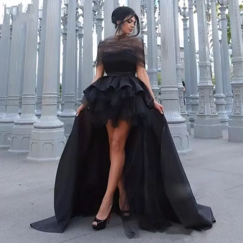 Black Gothic Wedding Dress Off The Shoulder Satin Tulle Bridal Gown High Low Sweep Train Tiered from Dhgate A-Line Wedding Dresses - price 317.47 Black Gothic Wedding Dress Off The Shoulder Satin Tulle Bridal Gown High Low Sweep Train Tiered from Dhgate A-Line Wedding Dresses - price 317.47