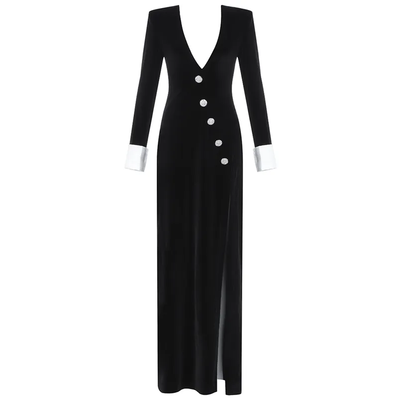 Langes Kleid mit V-Ausschnitt, sexy Ärmel, modische schwarze Maxi-Kleider, elegante Party, Club, Damen, Herbst 210515