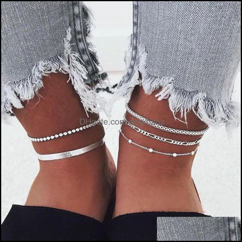 Anklets 5 Pcs/Set Multilayer Beads Snake Chain Set For Women Barefoot Sandals Ankle Bracelet On Leg Foot Jewlery Gifts