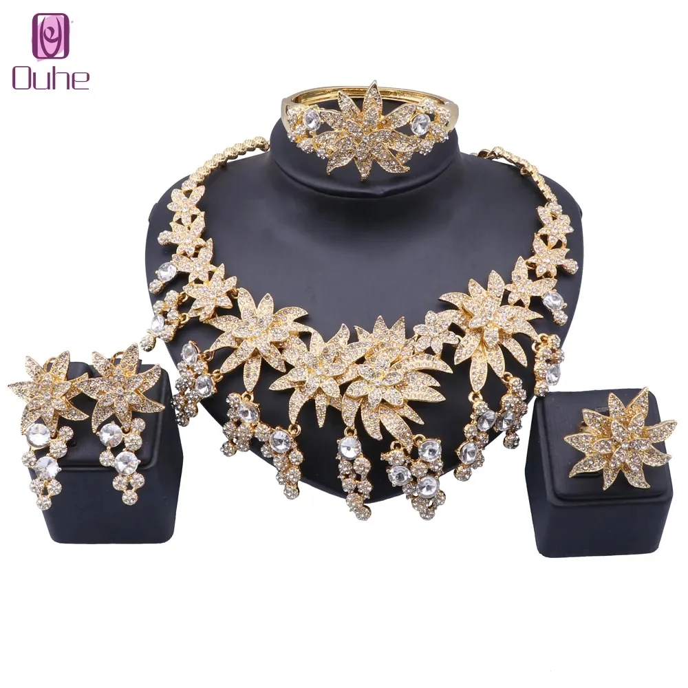 Women African Jewelry Sets Gold Color Crystal Bridal Wedding Elegant Romantic Necklace Earring Bangle Ring Party Jewellry Set