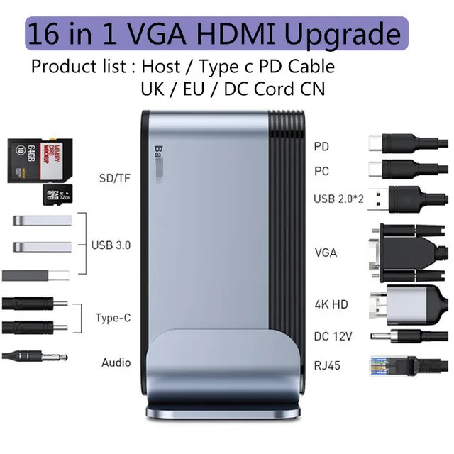 Estaciones CE HUB Tipo C a HD-compatible RJ45 VGA SD/TF Lector USB 3.0 PD Adaptador de corriente 17 en 1 Estación de acoplamiento