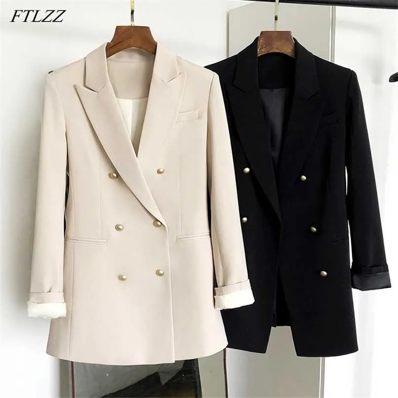 FTLZZ Spring Autumn Office Ladies Notched Collar Double Breasted Blazer Vintage Women Long Sleeve Solid 211122