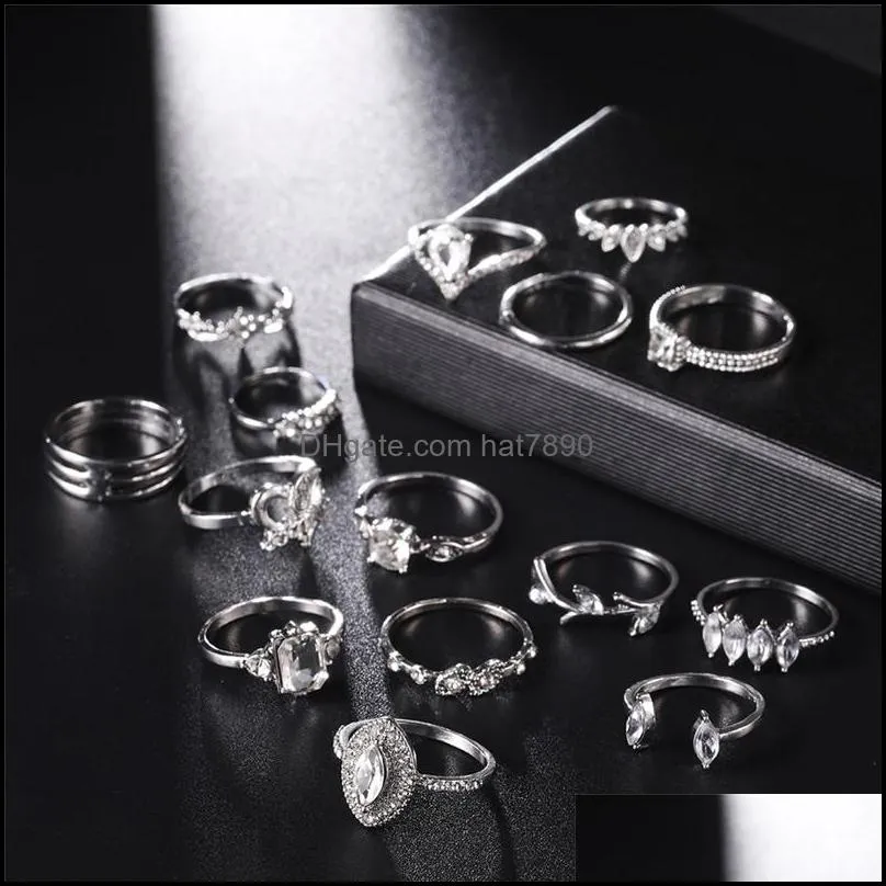15 Pcs/Set Vintage Bohemian Geometric Wave Knuckle Rings Sets For Women Retro Silver Finger Rings Jewelry Wedding YC