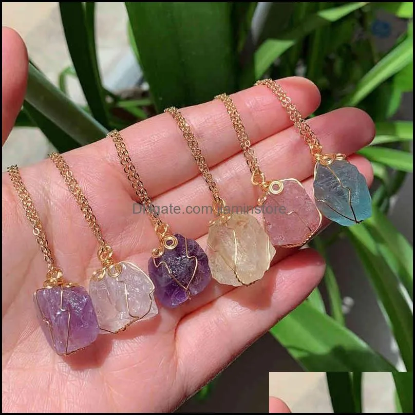 Natural Stone Pendant Small Rock Quartz Pendulum Amethysts Citrines Fluorite Pink Crystal Necklace for Women Healing