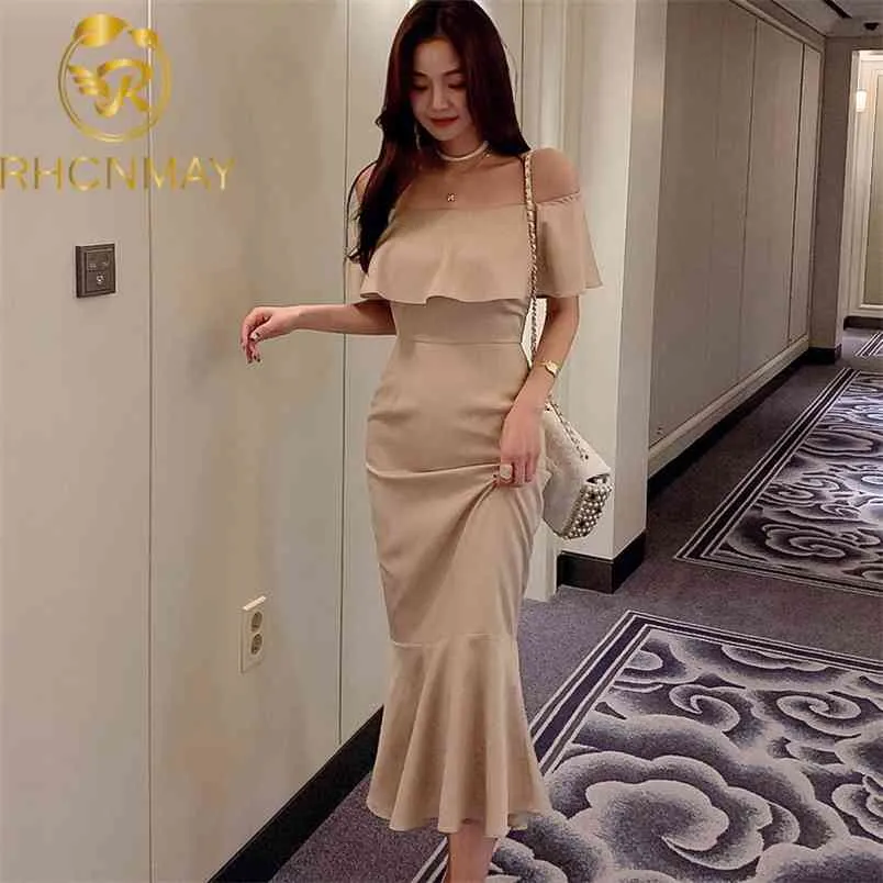 Koreańskie kobiety Chic Temperament Ruffled One Word Collar Slim Sukienka Pośladka Zawijanie Kobiet Sexy Fishtail Dress 210506