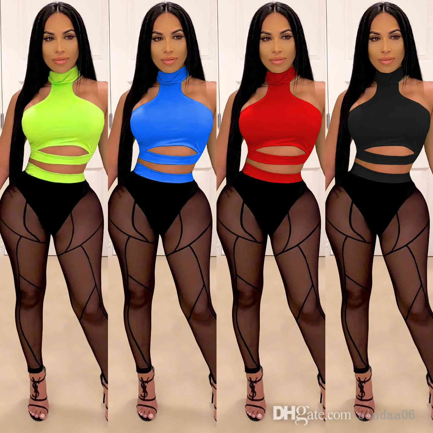 Women Nightclub Clothing Two Piece Pants Set Hollow Out Crop Top Mesh Perspective Outfits Set Sexy Clubwear Ladies Suit Plus Size Clothes