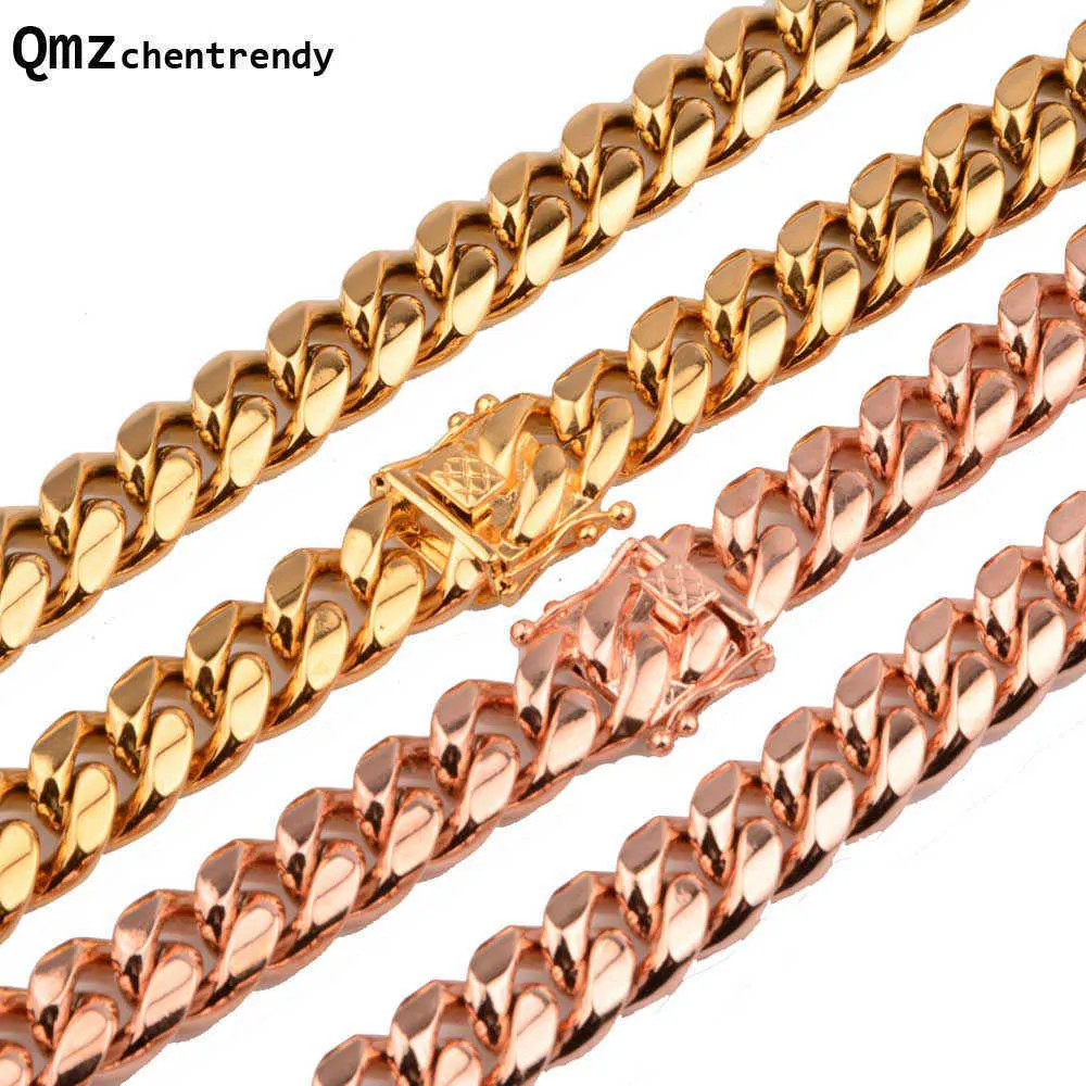 Men's Stainless Steel Necklace, 8mm / 10mm / 12mm / 14mm, Cuban Chain, Dragon Buckle, Gold, Rose Gold, Jewelry Q0809