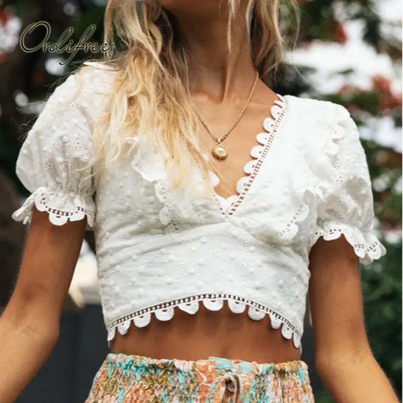 Été Vintage femmes blanc Camisole Crochet à pois col en V profond évider à lacets Club fête débardeur 210415