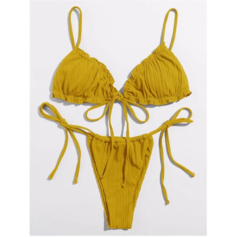 ₩11,952에서 브라질 마이크로 Bikinis Mujer 섹시한 문자열 수영복 여성 Pleated 비키니 세트 노란색 수영복