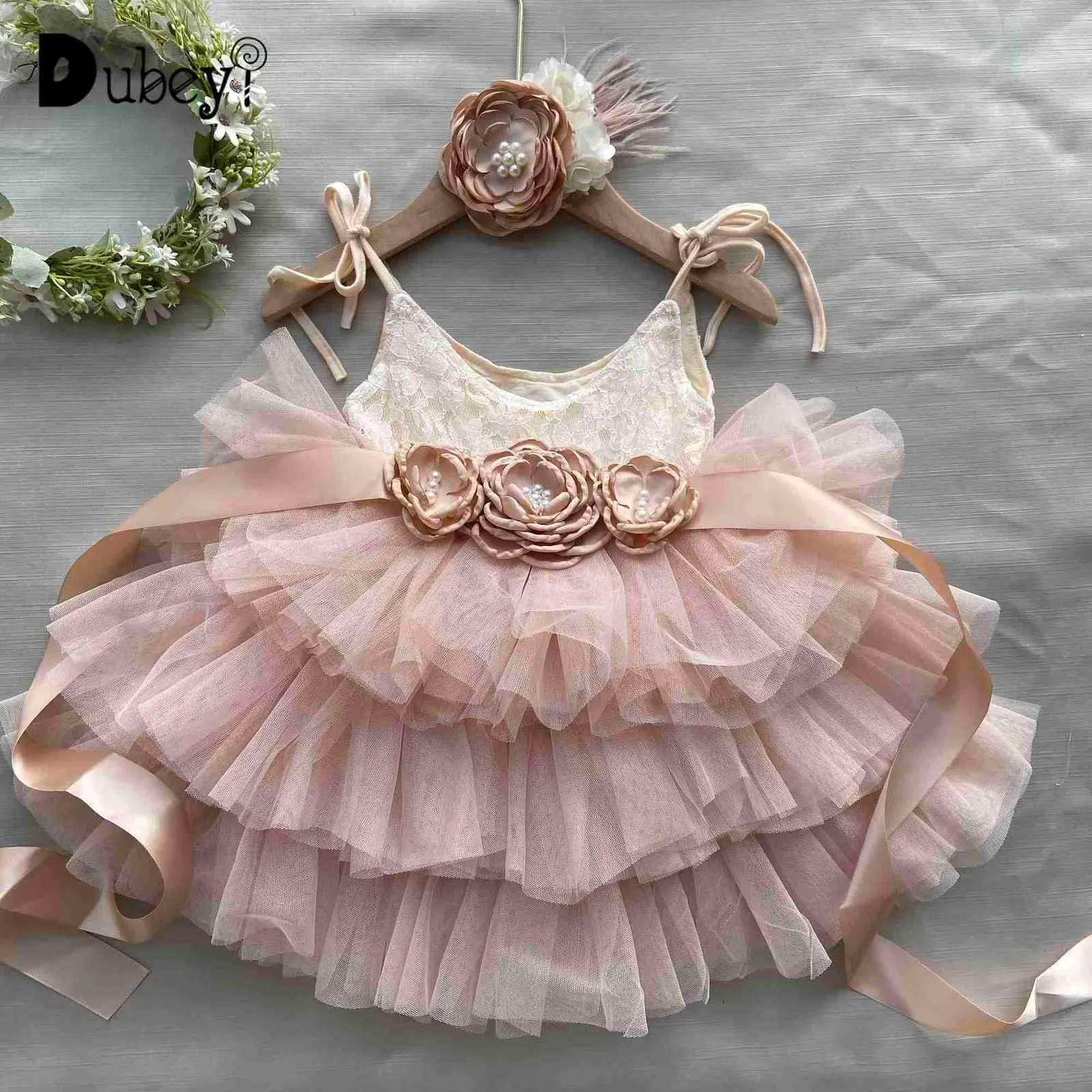 Toddler Baby Girls 1st Birthday Dress for Kids Flowers Belt Headbow for Wedding Outfit Set Children Princess Costume G1129