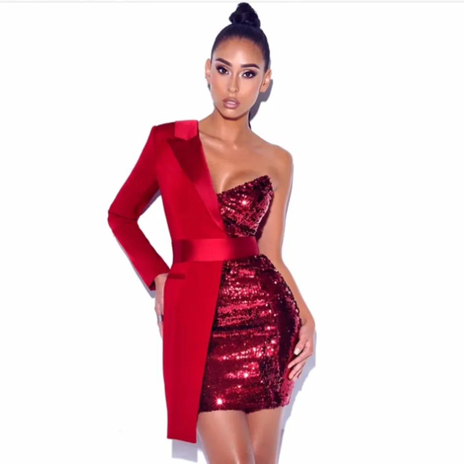 Sommer Frauen Rote Pailletten Kleid Sexy Eine Schulter Langarm Mini Bodycon Promi Runway Club Party Kleider Vestidos 210423