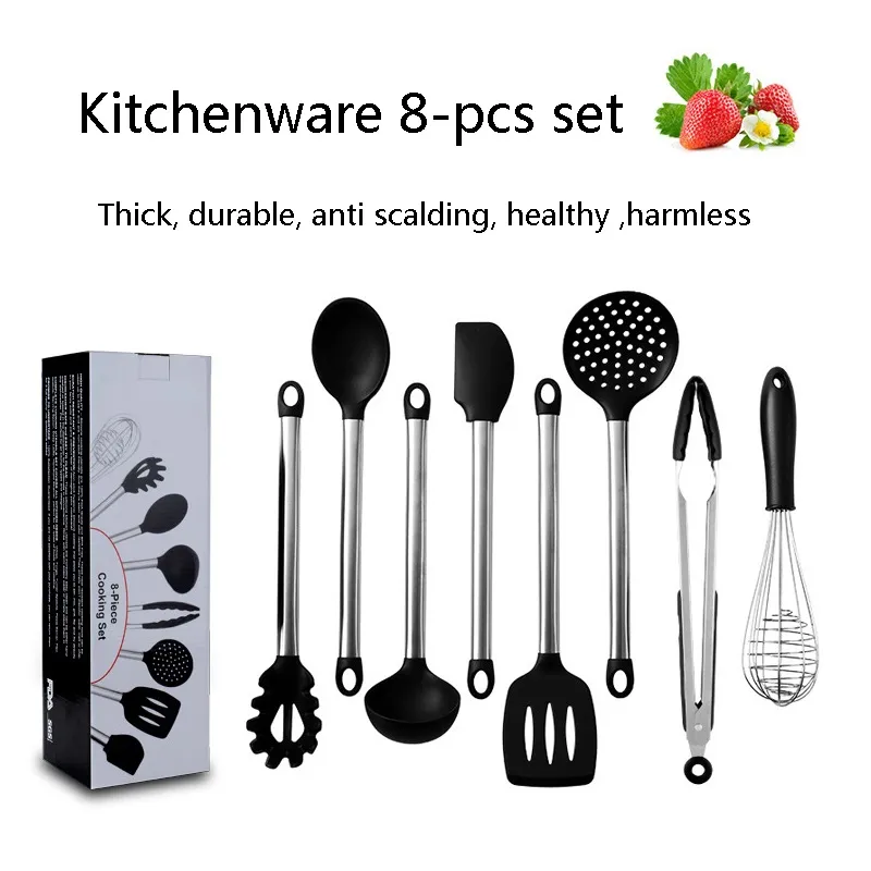 8 pçs / set utensílios de cozimento de silicone com alça de aço inoxidável nonstick resistant calor cozinha gadgets cookware espátula t9i001301