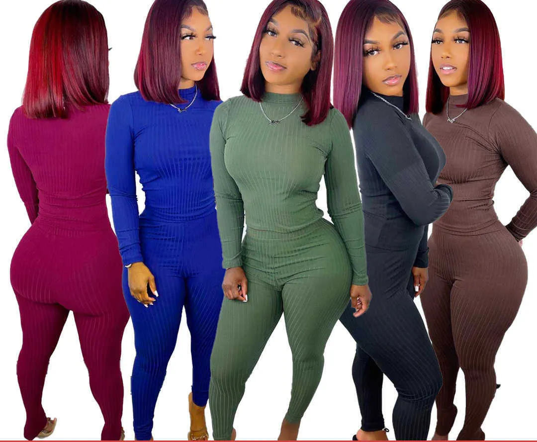 Designers Kvinnor Kläder 2021 Mode Kvinnors Halv High Neck Långärmad Byxor Casual Two Piece Suit Solid Color Big Pit Strip Wear