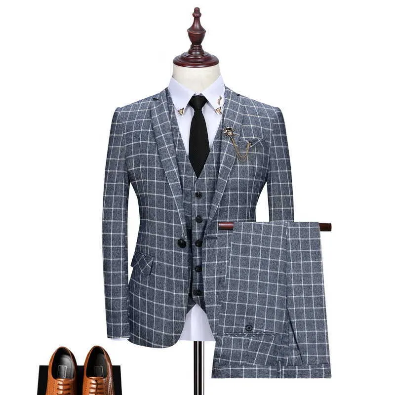 (Jackor + Vest + byxor) Tuxedo Man Ren Bomull Plaid Business Blazers / Herr Slim Tre-Piece Suit / Man Groom Klänning Grå Blå 3XL X0909