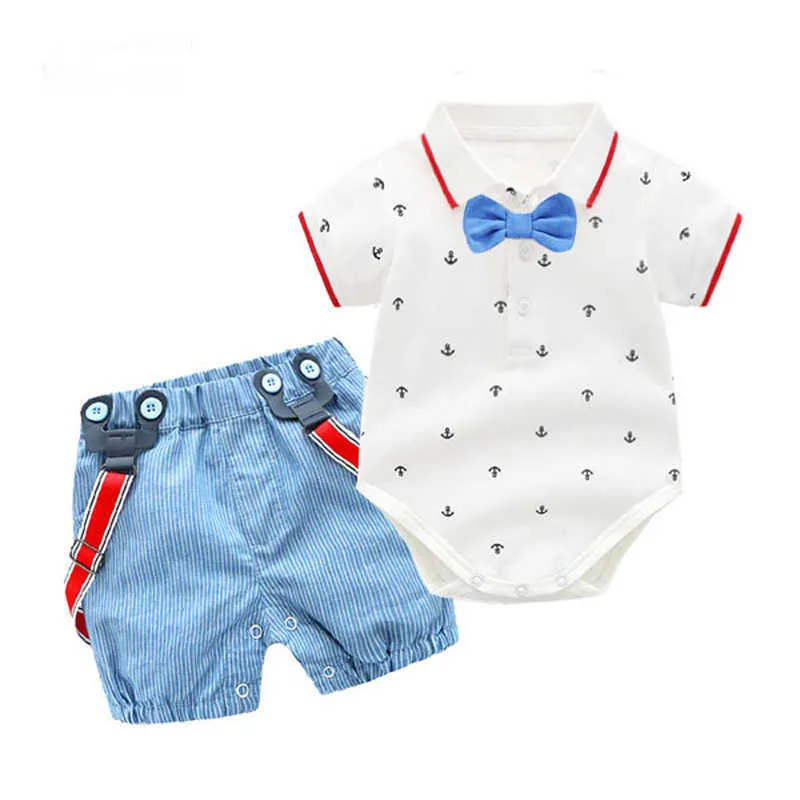 Baby Boy Outfit Clothes Bow Tie Party Birthday Fashion Romper Overalls Suit Printed Romper Summer Infant Boy Gift G1023