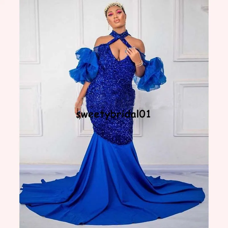 Royal Blue Afton Dress Sequin Satin Robe de Soirée Femme African Mermaid Prom-kappor plus storlek Abiti da Cerimonia